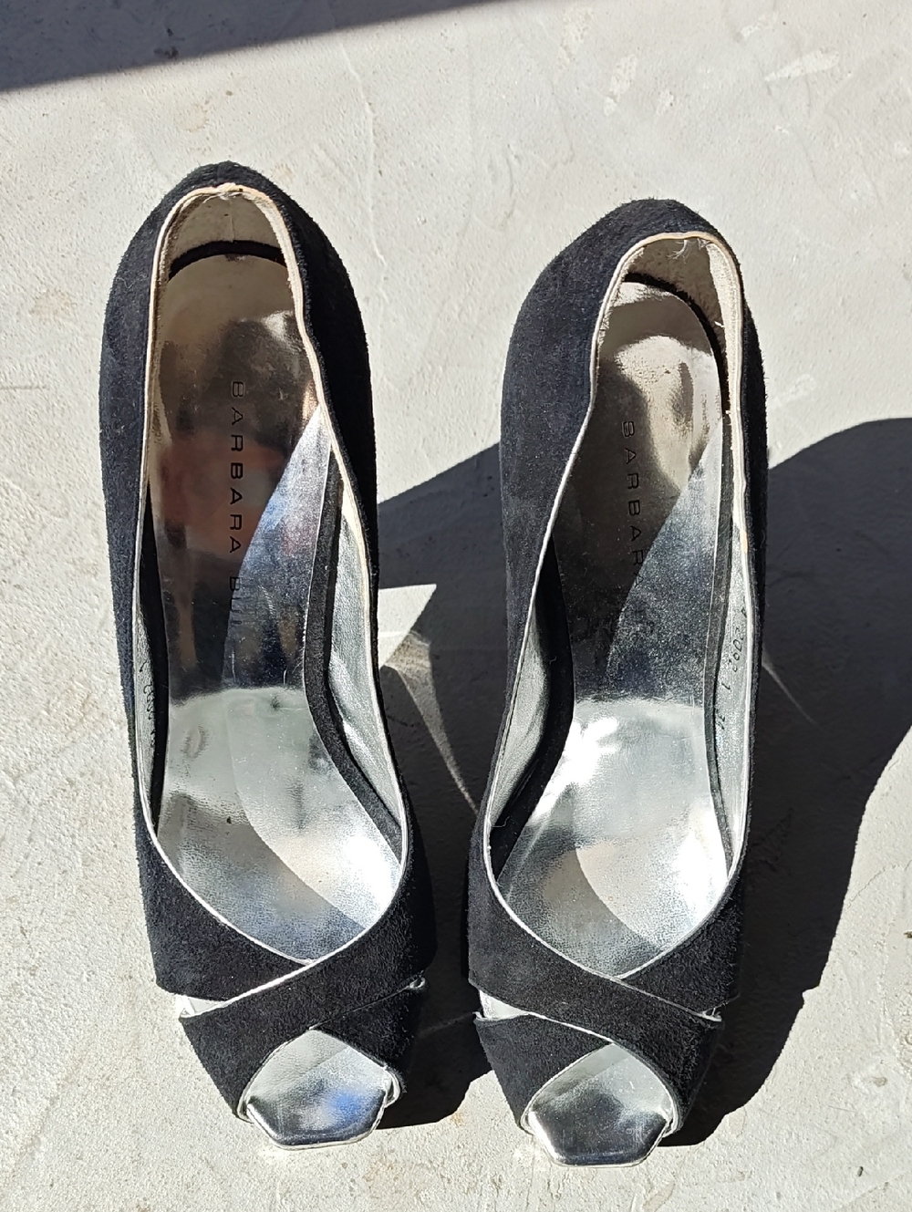 Barbara Bui Silver and Black Suede Peep-Toe Heels with Silver Insole Accent